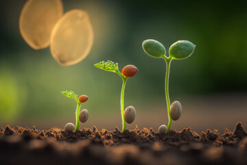 close up of tiny green seedlings sprouting in the ground forming a graph with different stages of growth, Generative AI - 573559956