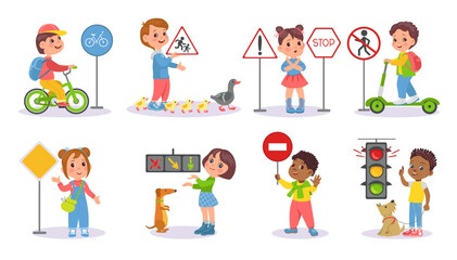 Children study road signs. Kids learning rules for correct pedestrian behavior. Traffic lights. Transportation regulation. Safety street crossing. Necessary education. Splendid vector set