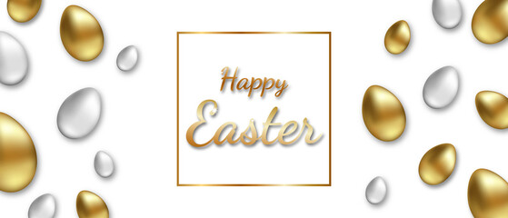 Vector banner with realistic gold and silver Easter eggs on transparent background. Luxurious Easter card with text in a gold frame. Stock PNG image