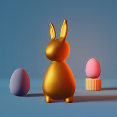 Happy Easter greeting card Shiny golden bunny eggs futuristic blue neon light 3d rendering....
