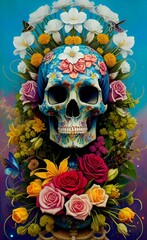 A skull surrounded by flowers. Generated by AI. Design in the style of the Mexican Day of the Dead or the Venetian Carnival. For printing on covers, T-shirts, fabrics