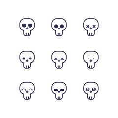 Vector icons of skulls. Different emotions of skulls. Simple and cute skull icons.