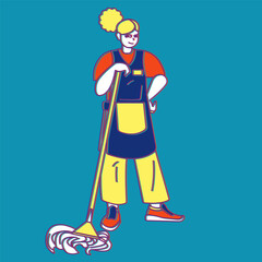 Character in modern style, flat illustration. Vector. Work, part-time work. service worker. A woman washes the floor with a mop, cleaner. advertising, poster, booklet.