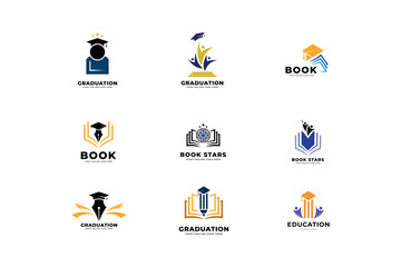 Education logo book, pencil, earth, toga, people vector template.