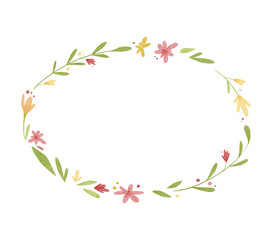 Floral green template for invitation on white backdrop. Flowers and leaves illustration