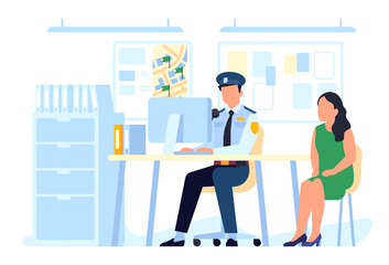 Detective sits at desk and interrogates woman. Police station. Policeman talking with witness. Searching evidences. Patrol office department. Cop interviewing female. Vector concept - obrazy, fototapety, plakaty