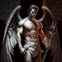 an angel holding an infernal trident behind his back (AI) - obrazy, fototapety, plakaty