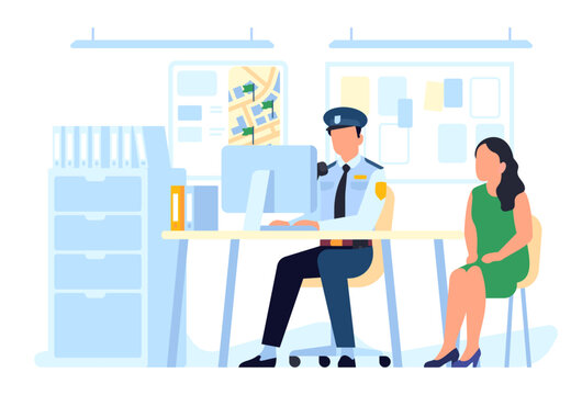 Detective sits at desk and interrogates woman. Police station. Policeman talking with witness. Searching evidences. Patrol office department. Cop interviewing female. Vector concept