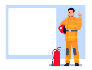 Fireman on blue background informs about fire safety. Firefighter with fire extinguisher. Man showing blank square banner. Blaze extinguish. Firefighting prevention. Vector concept