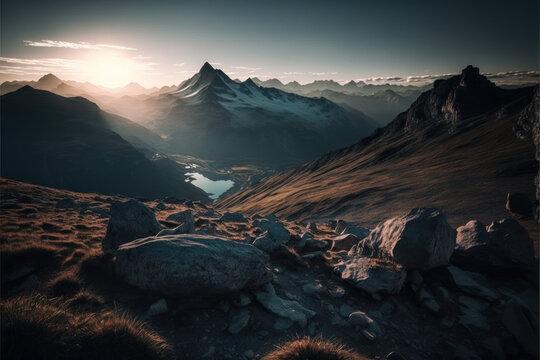scenic sunrise in the high mountains of the alpes, Generative AI © fotogestoeber