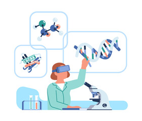 Futuristic scientist in VR headset. Woman creates chemical compounds and structures in virtual reality. Chemist researching molecules with digital glasses and microscope. Vector concept
