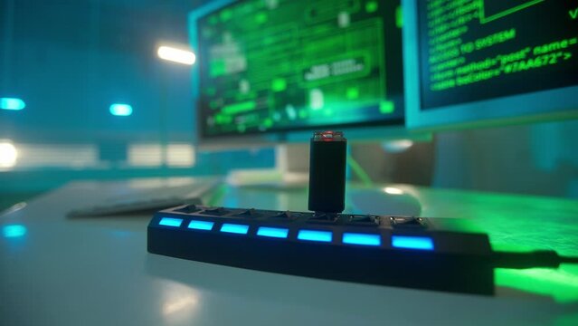 A black flash drive with a red flashing light is inserted into the USB port. USB flash drive in a card reader against the background of computer displays with green lines of codes moving on screens.