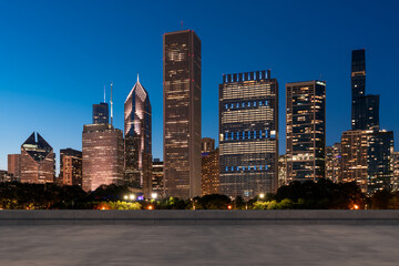 Skyscrapers Cityscape Downtown, Chicago Skyline Buildings. Beautiful Real Estate. Night time. Empty rooftop View. Success concept.