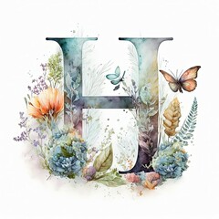 beautiful butterfly with floral lettering H generative ai