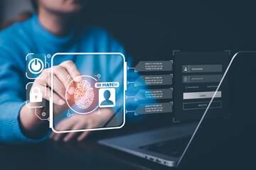 Hand touch fingerprint with virtual global with cyber security, login, User, identification information cyber security and encryption, secure access to users personal information, secure Internet