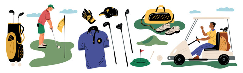 Golf players. Different sport accessories. Professional sportsman with club bag and ball. Game equipment. Golfing car and shoes. Athletic clothing. Garish vector golfers elements set