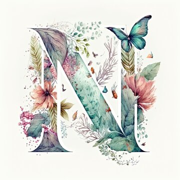 create beautiful fauna themed design with floral monogram N generative ai