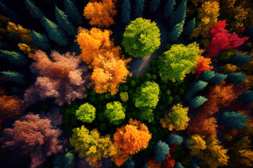 Fototapeta na wymiar A bird's-eye view of a forest in autumn made with Generative AI