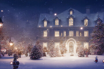 Obraz premium A snowy Christmas castle that looks like it's straight from a postcard