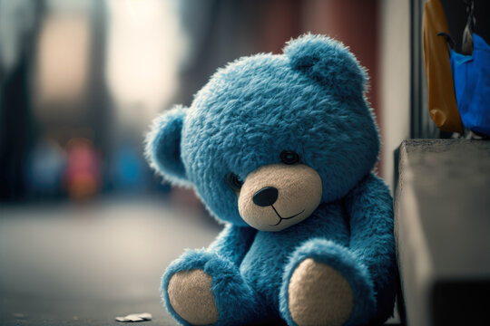 sad blue teddy bear, looking sick, Generative AI