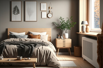 cozy scandinavian style bedroom with natural wood furniture, Generative AI - 573562900