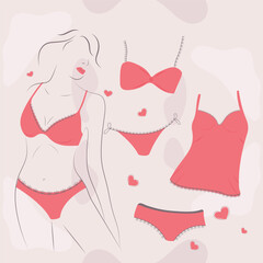 The silhouette of a gentle girl in underwear and a set of underwear from panties and bras. Vector illustration