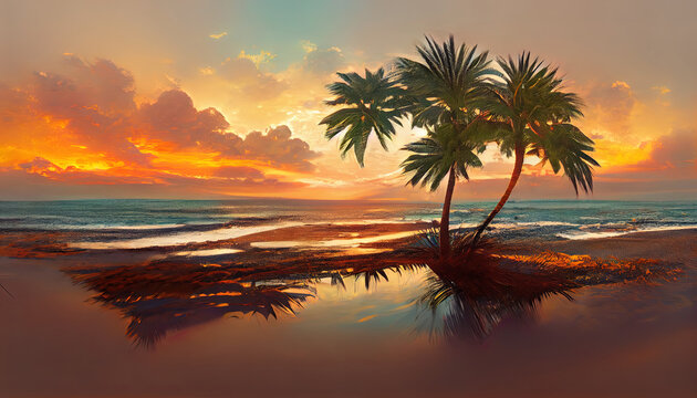 Beautiful beach with palm trees at sunset, panorama of a tropical landscape, sea sunset, 3d rendering. Generative Ai
