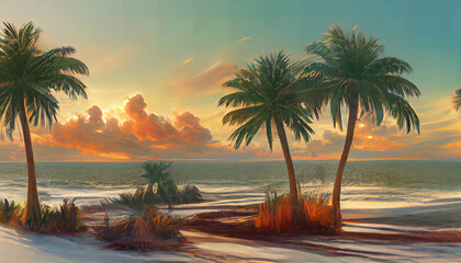 Naklejka na ściany i meble Sunset Ocean Tropical resort landscape panorama. Sea shore beach, sun, exoti csilhouettes palms. Generative Ai