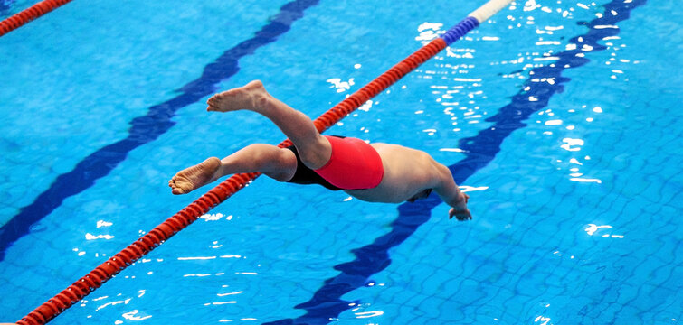 male swimmer started swim in pool competition