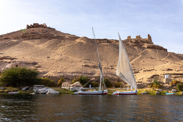 Felucca Sailing on the Nile River in Aswan. Popular Tourist Sailboat in the Nile. Aswan, Egypt....