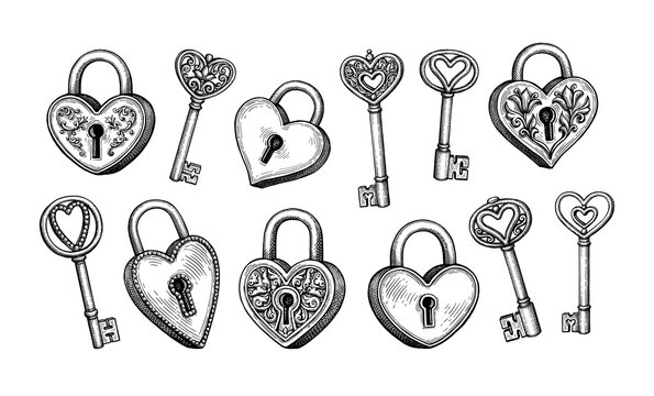 Heart shaped padlocks and keys set.