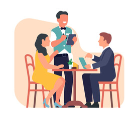 Man and woman sit at table in cafe and waiter takes their order. Romantic dating. Dinner in restaurant. Couple at dining desk with menu. Family ordering meal in cafeteria. Vector concept