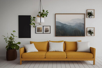 bright living room with hanging plants and a yellow sofa, framed art on the wall, Generative AI