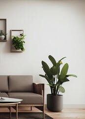 vertical crop of indoor living space with houseplants and sofa, Generative AI