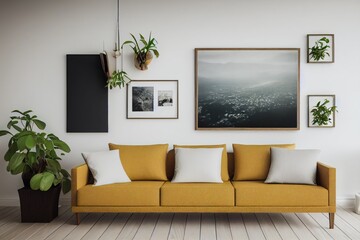 Bright living room with yellow sofa and white cushions, with houseplants and wall art, Generative AI
