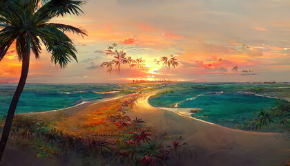 Panorama of the sea sunset, the sun over a tropical island with palm trees, 3D rendering. Generative Ai