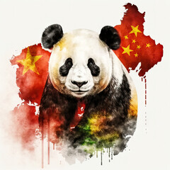 panda bear in front of flag of China on white background, generative ai
