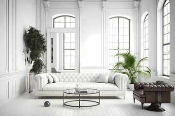 Modern living room interior with stylish comfortable white sofa