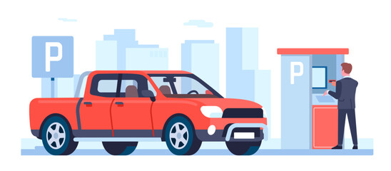 Naklejka premium Man pays for parking space with automatic machine. Transport traffic. Payment for garage access. Male drives automobile pickup. Auto park automation terminal. Car zone. Vector concept