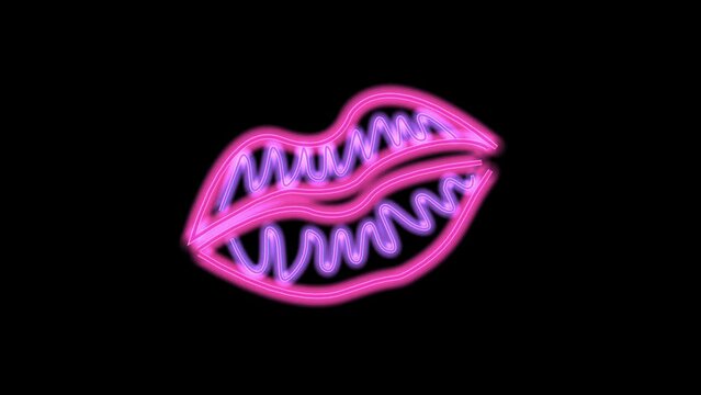 Neon minimalistic lips on a black background. 3D animation.