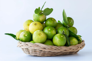 Fresh green oranges in basket , Fresh green oranges at market and shop for sell..Fresh green lemons, in basket , Fresh green lemons at market and shop for sell.