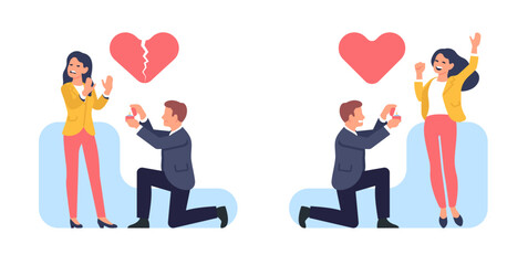 Man proposes to woman. Girlfriend agrees or rejects engagement. Boyfriend gifting proposal ring. Wedding jewelry. Broken heart. Romantic relationship. Cute couple datings vector set