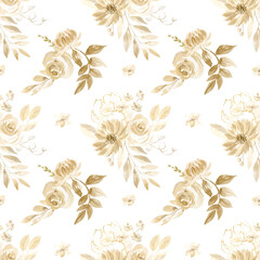 Fototapeta na wymiar Watercolor seamless pattern of beige flowers, twigs and herbs. Boho floral pattern. Bohemian vintage pattern. Dry flowers and leaves. Pattern for scrapbooking, wrapping, textile