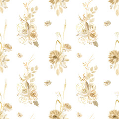 Watercolor seamless pattern of beige flowers,  twigs and herbs. Boho floral pattern. Bohemian vintage pattern. Dry flowers and leaves. Pattern for scrapbooking, wrapping, textile