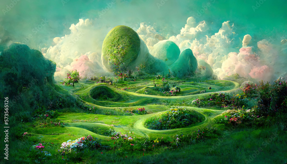 Wall mural Childhood fantasy world dream green landscape a clear day environmental concept. Generative Ai