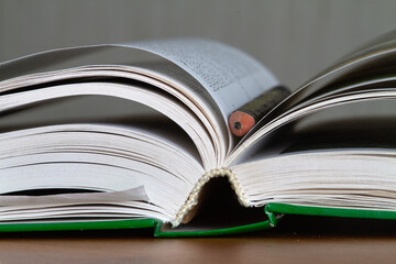 an open book and a pencil are lying on the table