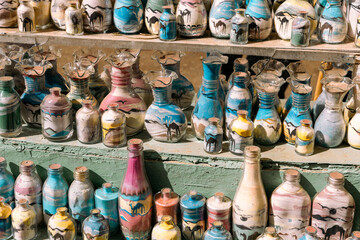 Colorful Handmade Ornaments. Variety of Traditional Egyptian Souvenir. Oriental Bazaar at Nubian...