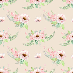 Floral spring seamless pattern for scrapbooking, wrapping, textile, background. Pattern of spring pink flowers. Watercolor pink flowers. Delicate patterns of light pink flowers and green leaves. 