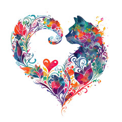 Flowrish cat heart design isolated. Love cats design