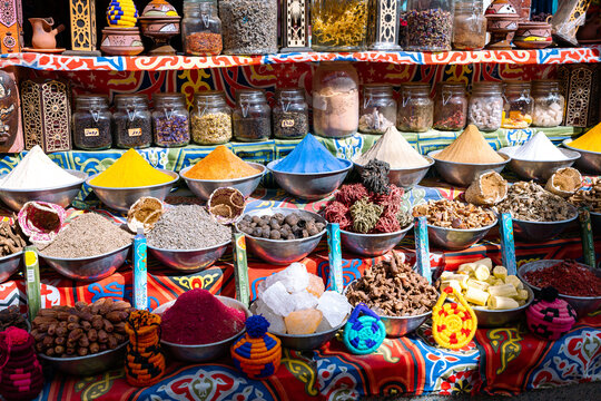 Variety of Spices and Arab Herbs at Traditional Oriental Bazaar at Nubian Village. Aswan. Egypt. Africa.